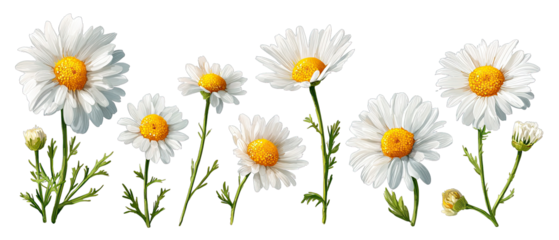 White daisies in a row against a black background.  Each flower has a white center and yellow disk.  Green stems and foliage are detailed