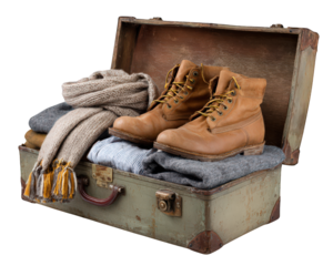 Vintage suitcase filled with winter clothes, cozy scarf, and sturdy brown boots, evoking sense of adventure and warmth for cold weather travel
