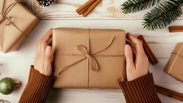Cozy holiday scene featuring hands gently holding a gift wrapped in brown kraft paper with a twine bow, surrounded by pine branches, cinnamon sticks, and festive ornaments on a white wooden table
