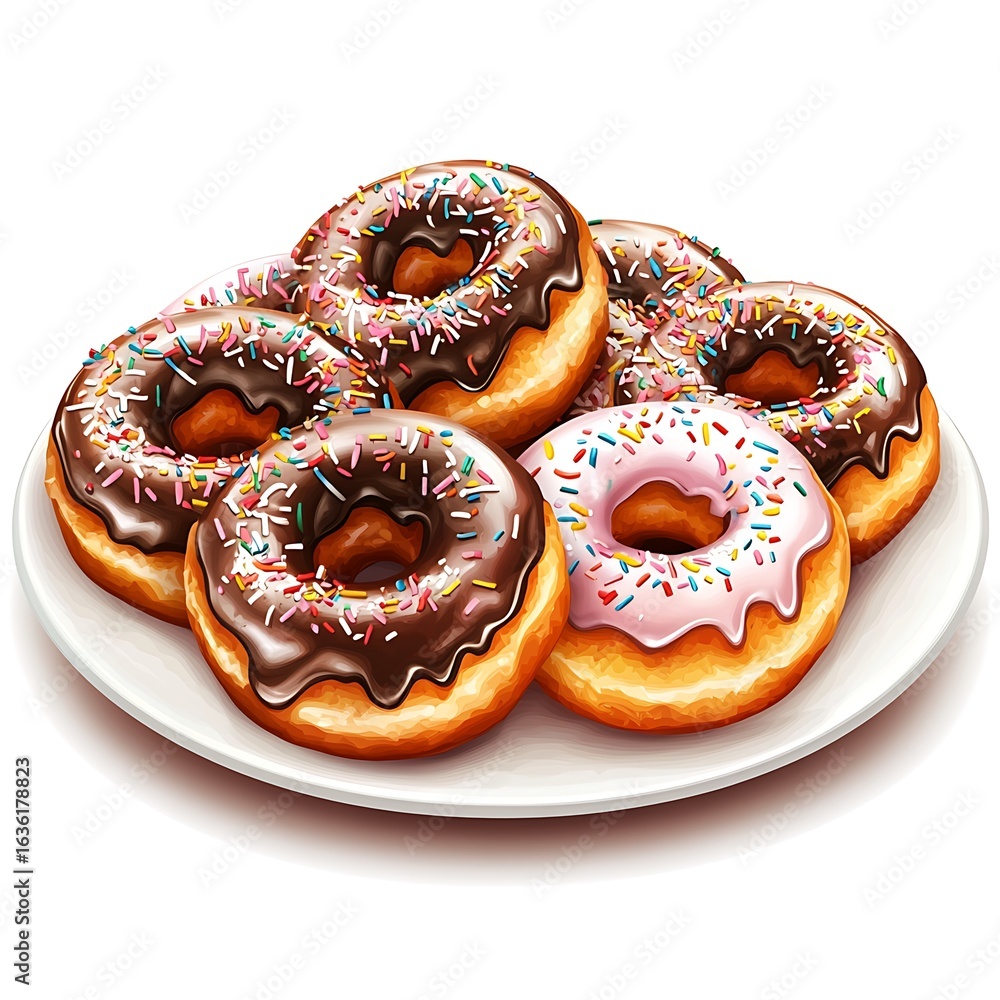 Poster donut delight: an overhead shot of an array of frosted donuts arranged artfully on a round plate.