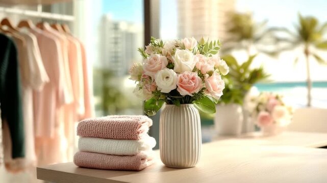 Soft and bright lifestyle scene inside a luxury beachside boutique featuring a neatly folded stack of pastel pink and white knitted towels placed beside a ceramic vase of fresh roses on a wooden count
