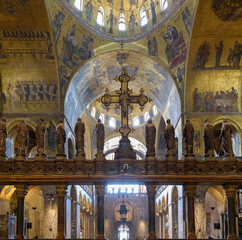 Interior of St Mark's Basilica (Basilica di San Marco), Venice, Italy, featuring the iconostasis...