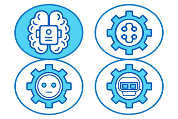 Set of four circular icons representing artificial intelligence and robotics concepts