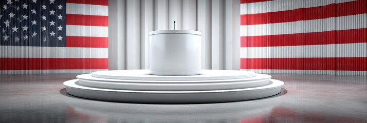 Stage design for political speeches with American flags and spotlight