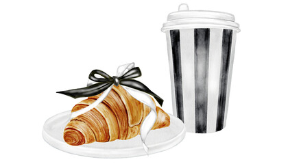 Coffee cup and croissant watercolor illustration. Hand drawn fresh french bun with with hot cappuccino. Food clip art. Ideal for bakery prints, postcards and pastry shop posters.
