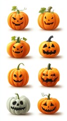 Colorful and creatively carved pumpkins showcase Halloween spirit with various facial expressions and designs