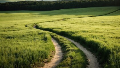 Obraz premium Scenic winding dirt path through green grass field in morning sunlight. Landscape of farmland, meadow. Serene rural scene of countryside track. Summer background of farm, spring pasture with blue sky.