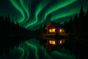 Fototapeta premium mountain cabin lights glowing, emerald aurora ribbons overhead, lake mirror foreground, aurora over lake