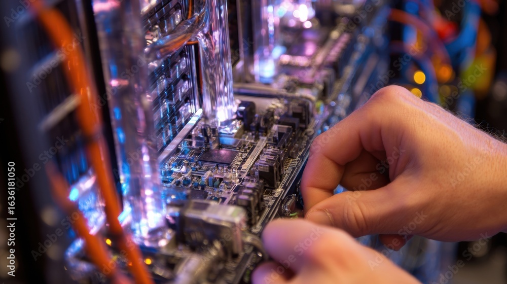 Poster a close shot of a technicians hands adjusting the control panel of an immersioncooled microdatacente