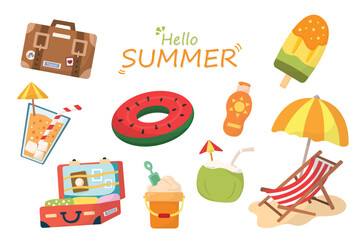 Set of funny and cute summer icons. Summer items.