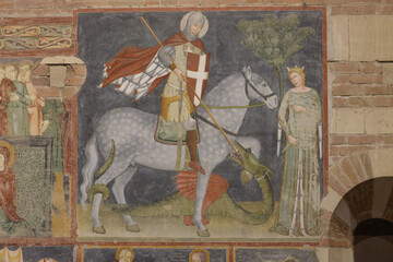 Fresco of Saint George slaying the dragon and rescuing the princess, inside San Zeno Maggiore,...