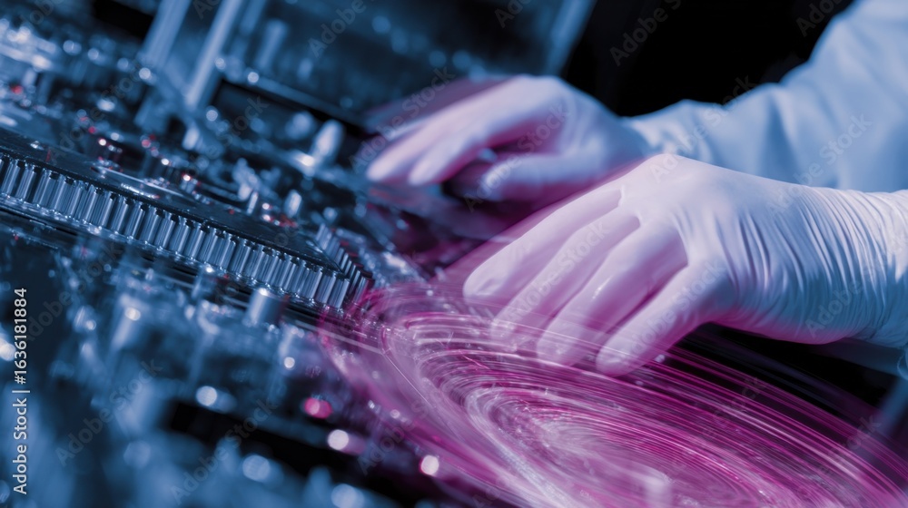 Poster a close shot of a technicians hands adjusting the control panel of an immersioncooled microdatacente
