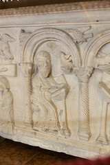 Detail of sarcophagus of Saints Lupicino, Lucillo and Crescenziano used as the main altar in San...