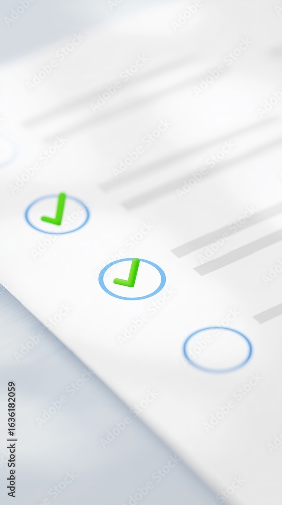 Poster close-up view of a checklist with green checkmarks indicating completed tasks, featuring a soft blur