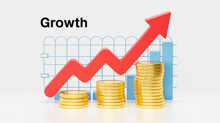 3D financial graph, red zigzag, gold coin stacks, blue grid, minimalist