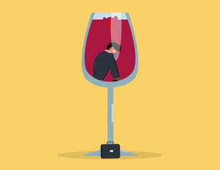 A businessman trapped inside a wine glass, portraying the concept of addiction and corporate struggle.