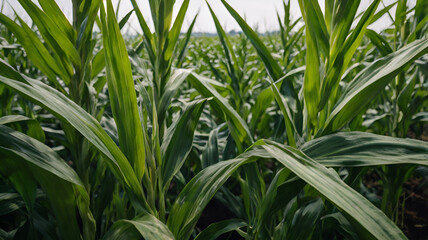 Obraz premium Close Up Of Braided Corn Silk With Green Plant Corn Growing In Cornfield landscape background,