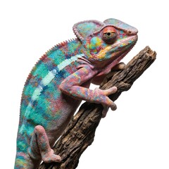 Vibrant multi-colored chameleon perched on branch. Exotic reptile isolated on white background. The beautiful animal showcases bright colors with detailed skin pattern. Reptile wildlife.