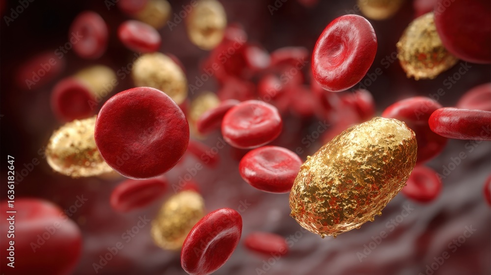 Poster highdetail rendering of golden ldl cholesterol floating amidst red blood cells emphasizing cholester