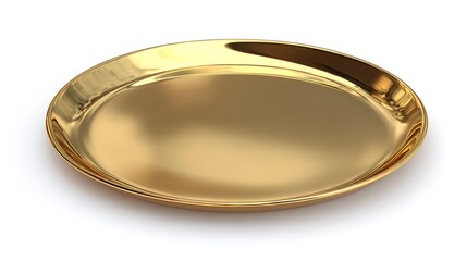 Polished golden plate with reflective shine and circular shape shown clearly on white background. Ideal for restaurant menus, table setting visuals, and classy designs.