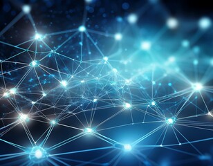 Fototapeta premium abstract futuristic network of connected glowing nodes and lines creating a web like molecular or digital structure with a blue and white blurred background