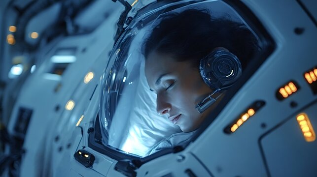 On a long interstellar journey, a female astronaut sleeps peacefully in a cryo pod, dreaming of distant worlds and the wonders of space exploration