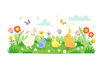 Cute easter animals and flowers in a spring meadow with butterflies