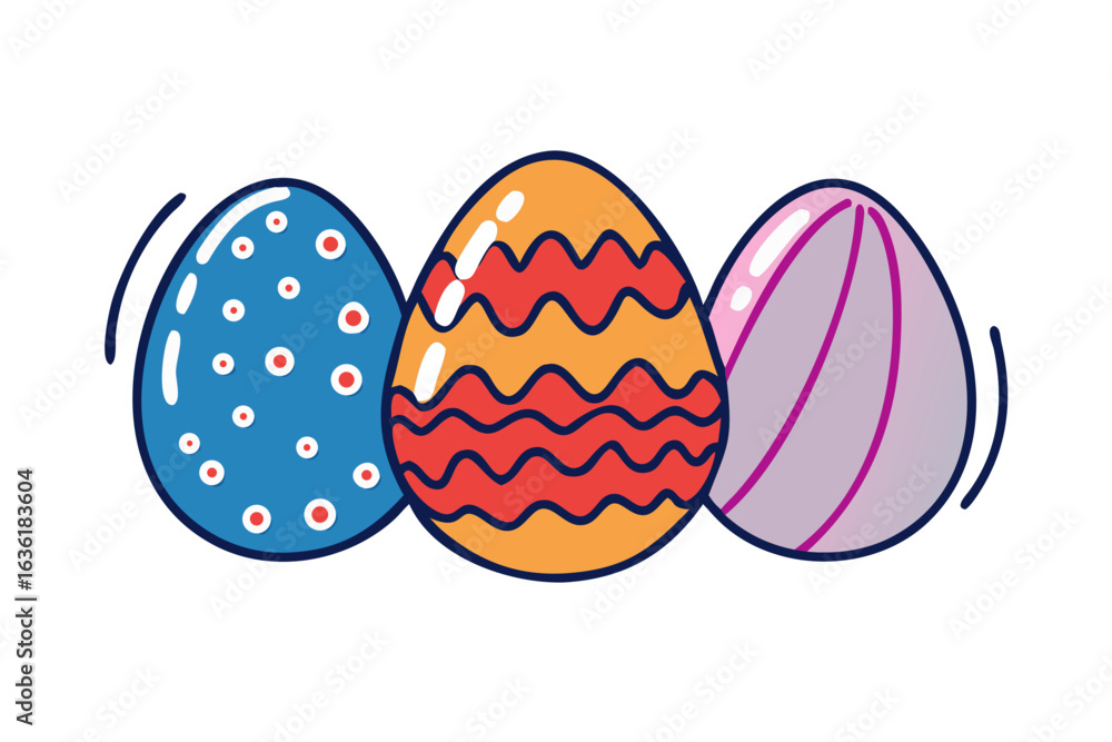 Poster three colorful and decorative easter eggs with unique patterns and designs