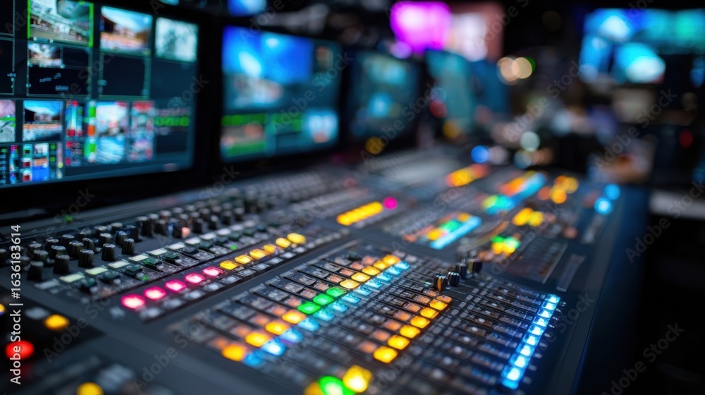 Poster professional video switcher is controlling and switching video screens with multiple buttons and lig