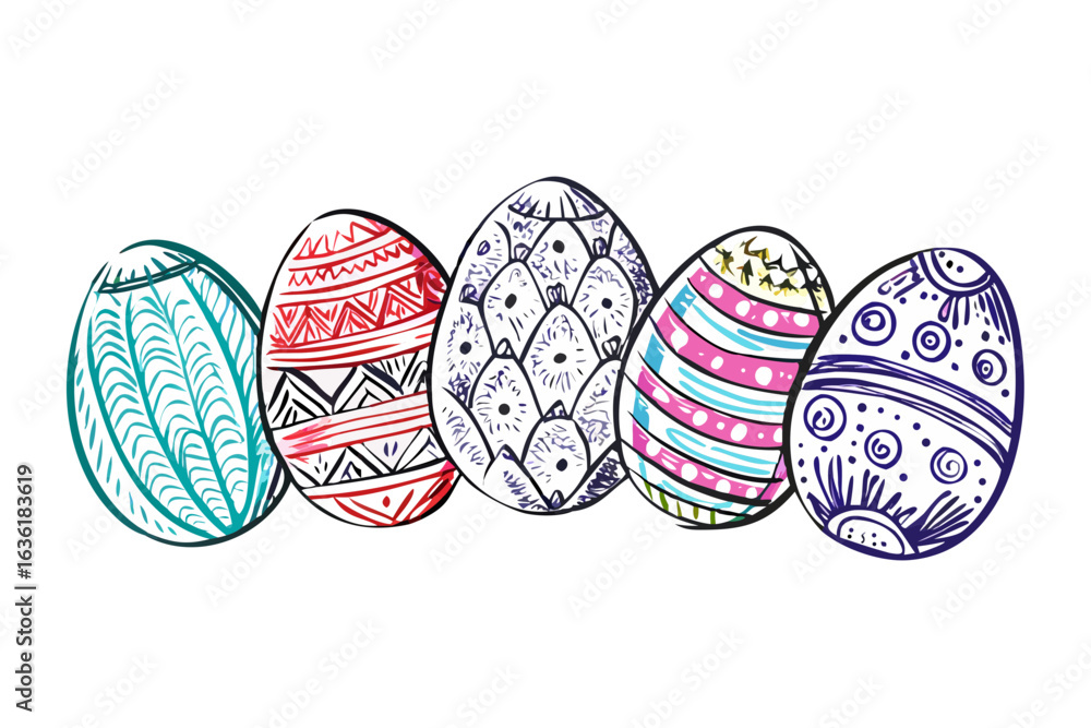 Poster a row of five colorful hand drawn easter eggs with unique patterns on black background