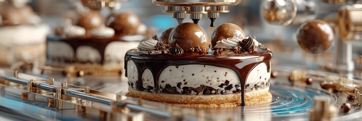 Chocolate dessert assembly at a modern baking facility showcasing intricate machinery and delicious cakes