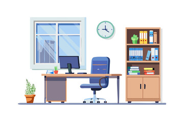 Modern office workspace with desk computer chair and bookshelf