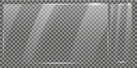 Realistic Glass Plate Effect  on transparent surface . Glass Texture Overlay , glossy plastic glare frame, acrylic with glares and light,