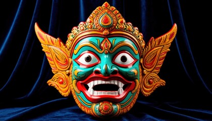 Handcrafted Ravana mask with vivid colors and ornate detailing, set against a velvet backdrop. Ideal for Dussehra promotions, theatrical branding, and cultural heritage campaigns.