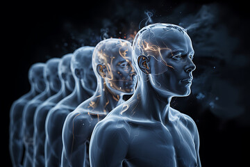 Row of translucent human figures with glowing brains in profile