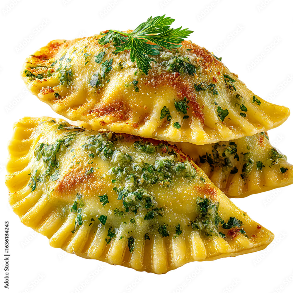 Poster a close up shot of two ravioli stacked on top of each other with parsley isolated on transparent bac