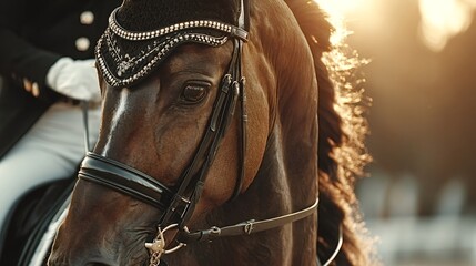 Close up of a horse's head adorned with a beautiful bridle, illuminated by golden sunlight during a prestigious dressage competition, showcasing the elegance and precision of equestrian sports