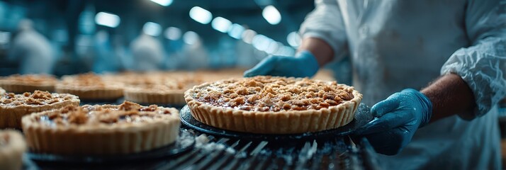 Baker preparing freshly baked pies in a busy commercial kitchen during a vibrant morning shift
