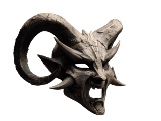Side Angle View of Horned Demon Mask with Tusks and Cracked Surface Texture, Isolated on Transparent Background