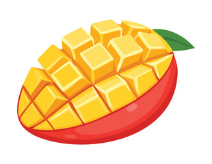 Fresh Mango Half with Leaf and Grid Cut - Vector Illustration
