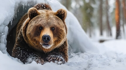 Majestic Portrait of Brown Bear Emerging from Snowy Winter Den. Ai Generated Images