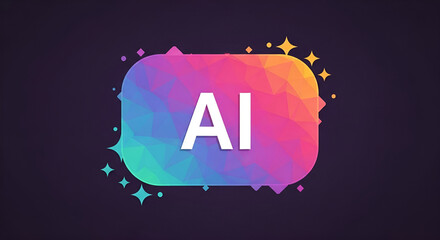 Ai text on a colorful rounded rectangle with sparkles against a dark purple background design