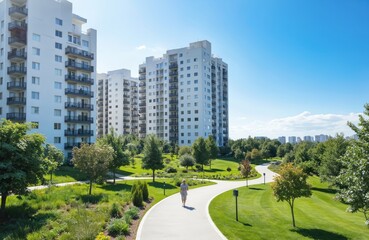 Modern apartment complex on sunny day. Landscaped park with person walking along path. Urban residential real estate development, architecture, facades, residential property, green nature, relax