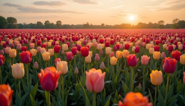 
A serene tulip field bathed in the warm, soft light of golden hour, with vibrant colors of tulips in full bloom, set against a gentle sky with a few wispy clouds, and a subtle sense of seren