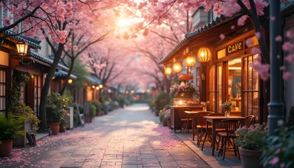 Obraz premium : Enchanting Cherry Blossom Lane: A Serene Springtime Evening Stroll