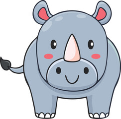 Adorable cartoon rhino, grey, smiling, large ears, small horn.