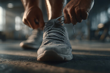 Runner, hands and tying shoes for training, fitness and exercise or running with sneakers, fashion and getting ready. Person or athlete with laces and legs or feet for cardio, health and wellness gym