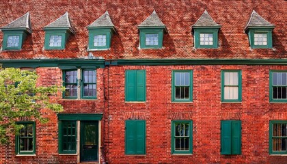 Naklejka premium classic red brick architecture with contrasting green window frames