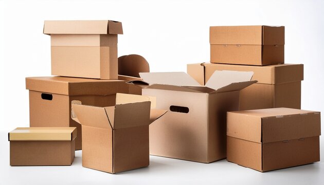 various cardboard boxes in different angles on isolated background