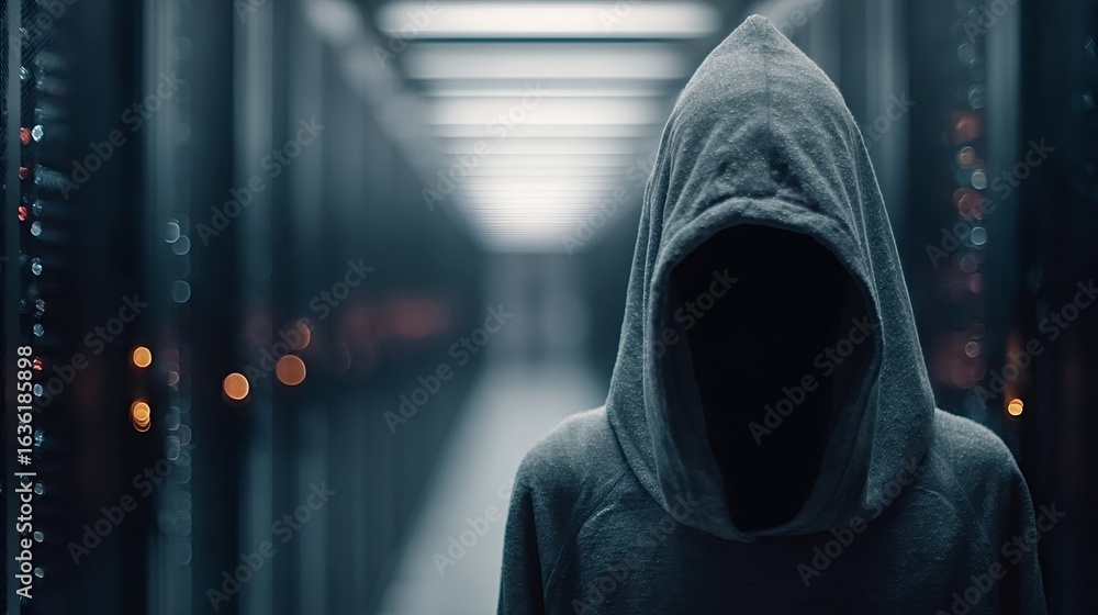 Poster faceless hooded hacker lurking in a server room, engaging in cyber crime and illicit activities whil